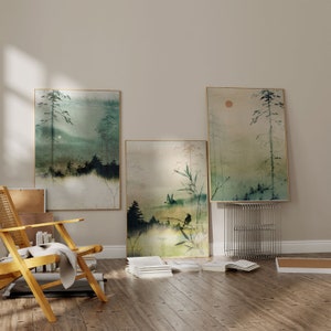 Japanese Wall Art Set of 3 Prints, Japanese Art Prints, Japandi Décor, Mountain Wall Art, Minimalist Wall Art, Landscape, Green Wall Art image 2