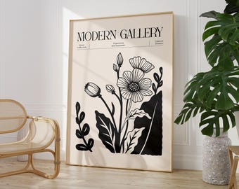 Modern Gallery Linocut Floral Poster, Black and White Botanical Wall Art Print, Vintage Exhibition Inspired Artwork, Minimalist Home Decor