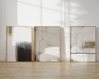 Set med 3 neutrala abstrakta väggkonsttryck, abstrakt modern konst, sovrums- och vardagsrumsinredning, modernt hem minimalistisk lounge beige & rustik konst