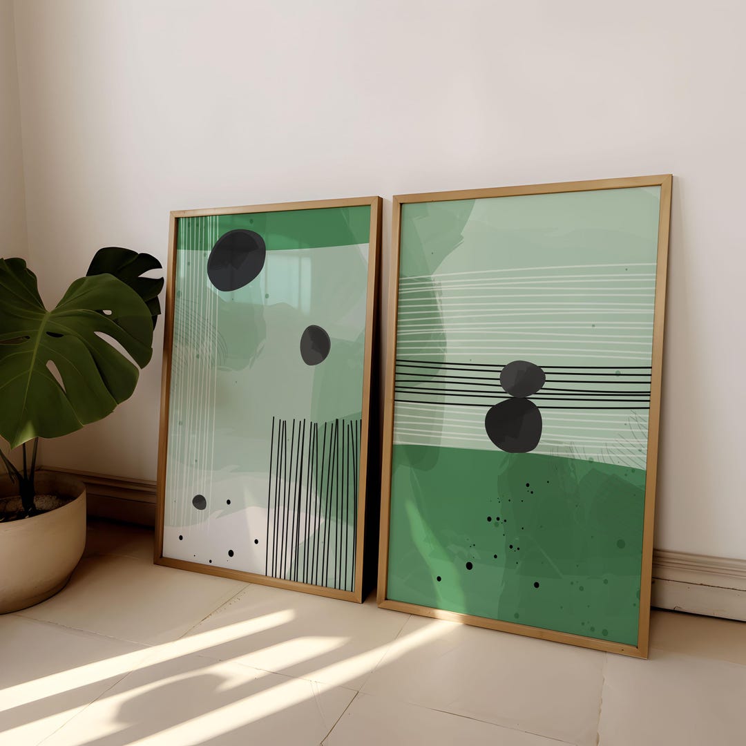 Green Geometric Abstract Print Set, Modern Minimal Wall Art Pair ...