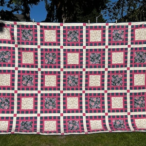 Handmade Pink and Gray Patchwork Quilt | Country Cottage Chic Floral Quilt