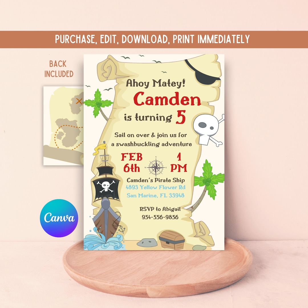 Editable Printable Pirate Party Birthday Invite, Pirate Party Invitation, Pirate Treasure ...