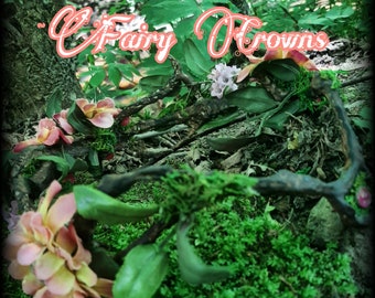 May include: A close-up of a fairy crown made of twigs and flowers. The crown is nestled in a bed of moss and leaves. The text "Fairy Crowns" is written in pink letters on a green background.