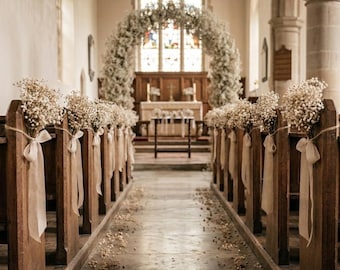 Dried Flowers Wedding Aisle Decorations, Rustic Ceremony Decor Bulk, Ivory Baby Breath Linen Ribbon