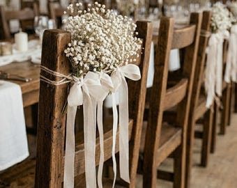 Dried Flower Wedding Chair Decor, Ivory Baby's Breath, Boho Linen Ribbon Chair Set Bulk