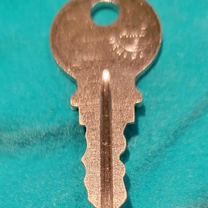 May include: A silver key with a round head and a serrated edge. The key has a small hole in the head.