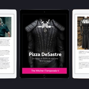May include: A black leather jacket with a pizza-themed design and the text "Pizza DeSastre" and "Un repaso al diseño de vestuario en el fandom."  The jacket has a large collar and a zipper closure. The text "The Witcher (Temporada 1)" is displayed in a pink box.