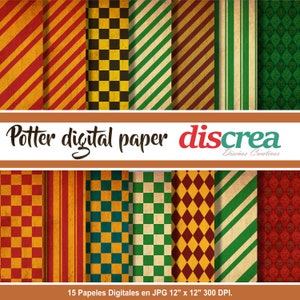 Puede incluir: Un conjunto de 15 papeles digitales con varios patrones inspirados en el universo de Harry Potter. Los patrones incluyen rayas, cuadros y diseños de diamantes en rojo, amarillo, verde y marrón.