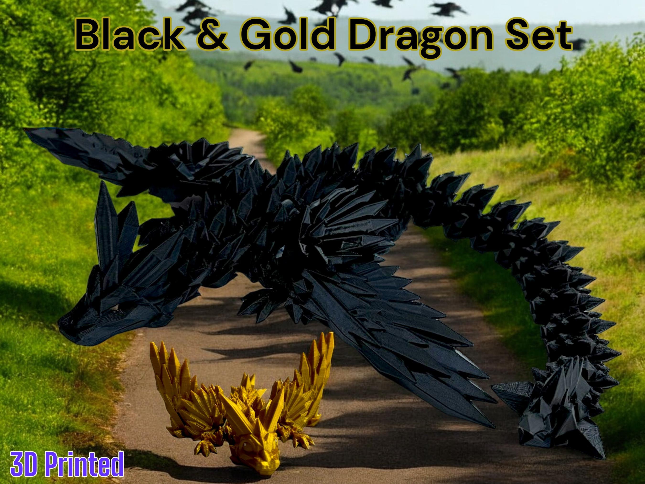 3d Dragon With Wings Black \u0026 Gold Dragon Pair - Articulated 3D Printed Book  Decor Articulated Dragon 3d Printer, image size:2700x2025
