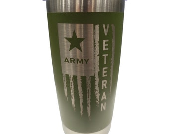 Army Veteran Flag Insulated Tumbler, Engraved Cup, Custom Tumbler Cup, Tumbler with Straw, Monogram Tumbler, 20oz
