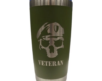 Army Veteran Skull Engraved Tumbler: 20oz Insulated Cup with Straw