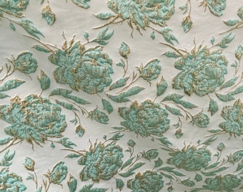Aqua Floral Mikado Jacquard Brocade Fabric - White Italian Designer Fabric