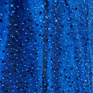 May include: Blue fabric with sequins and beads. The fabric has a shimmery, iridescent look.