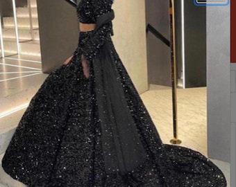 Black 4 way stretch velvet with matching shinny sequins great for prom dress jacket pants skirt and much more made in Spain
