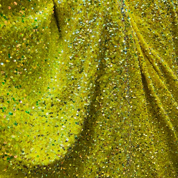 Yellow iridescent sequence 4way Stretch velvet collection great for prom dress and much more