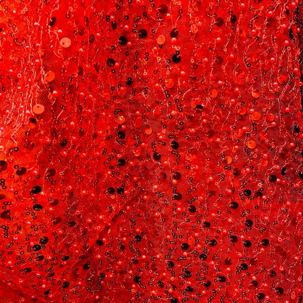 Red  heavy beaded and pores  shinny sequins on mesh  made in Spain