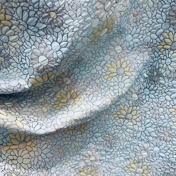 Blue yellow sunflower popcorn design mikado brocade great fabrics for dress skirt blouse tuxedo suit and much more made in Italy
