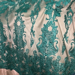 Swiss Hunter Green Sequined Lace Fabric: Appliqued Wedding Dress Material