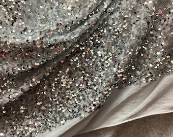 White velvet with silver sequins 4way stretch made in Spain great fabric for dress jacket skirt shoes and much more