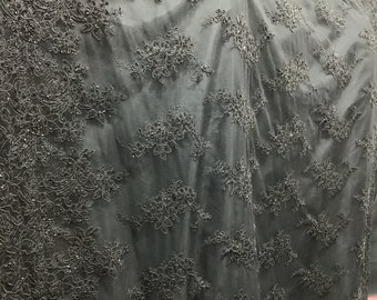 Black Beaded Lace Fabric: Elegant Floral Design