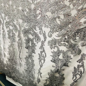 Swiss Silver Sequined Lace Fabric: 57&quot; Wide Appliqued Lace