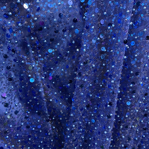 Royal blue  heavy beaded and pores  shinny sequins on mesh  made in Spain