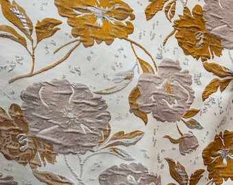 Floral Mikado Zibeline Brocade Fabric: Brown Flowers, Ivory Background