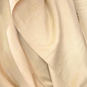 Peut inclure: Un morceau de tissu beige clair avec une texture lisse et mate et des plis doux et fluides. Le matériau présente une couleur unie et cohérente, avec des ombres subtiles créées par le drapé du tissu, soulignant sa nature souple et flexible.
