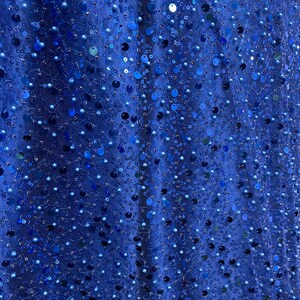 May include: Close-up of a blue fabric with small sequins and beads. The fabric has a shimmery, iridescent look.
