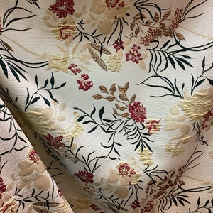 Floral Mikado Brocade Fabric: Light Gold & Burgundy, Made in Spain