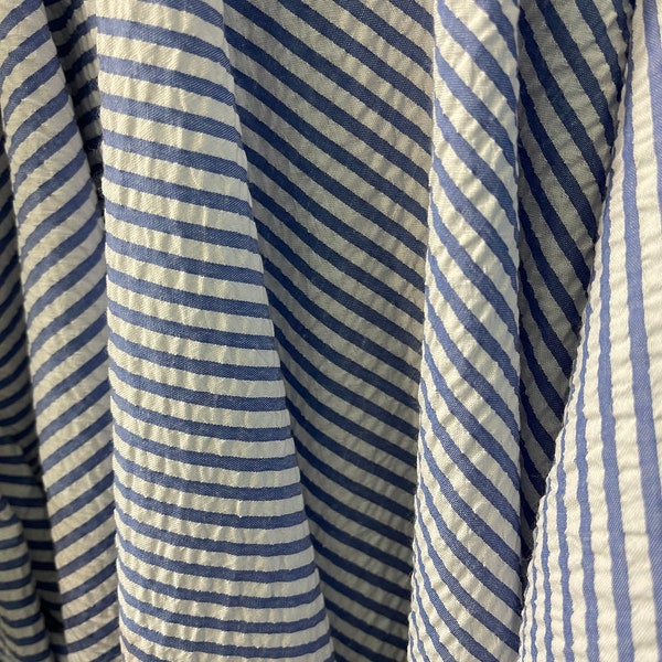 Cotton seersucker navy blue and white striped great fabrics for dress pants skirt shirt scarf suit and much more use