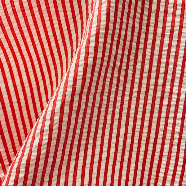 Cotton seersucker red and white striped 1 inch great fabrics for dress jacket pants shirt and much more use