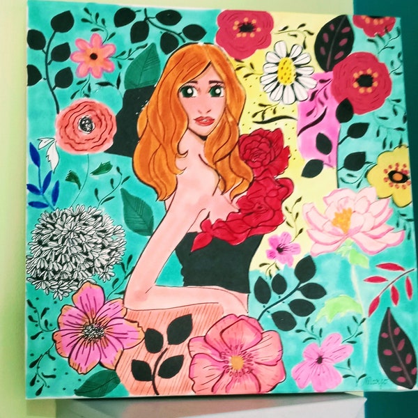 Illustration femme rousse portrait avec fleurs colorées autour d'elle