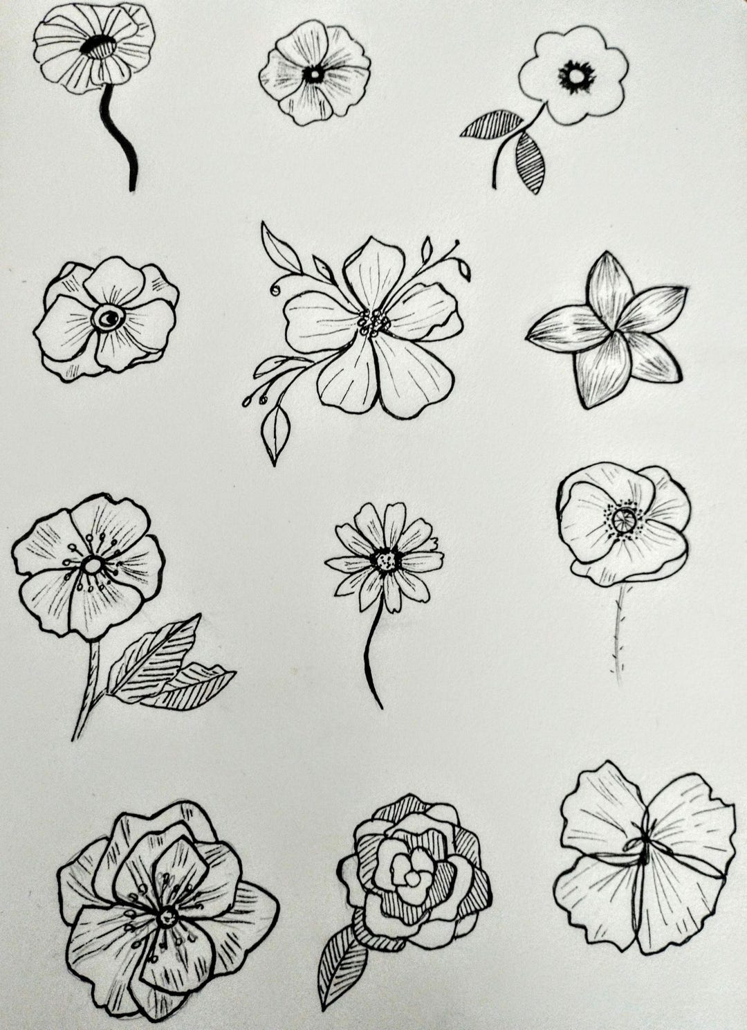 Flower Tattoo Designs, Set of 12. Vintage Flowers. Doodle Clipart