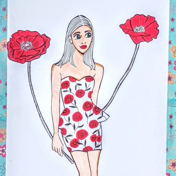 Illustration femme avec robe fleurie et grands coquelicots. Décoration maison