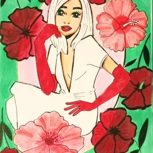 Illustration femme robe de soirée avec gants rouges entourée de fleurs rouges