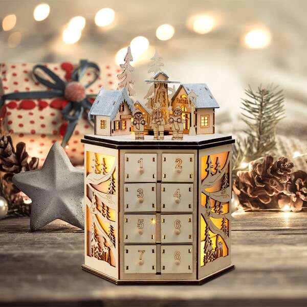 LED Wooden Advent Calendar with 24 Drawers Music Box