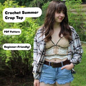 May include: A crochet summer crop top in beige and white with black trim. The top is paired with denim shorts and a plaid shirt. Text on the image reads "Crochet Summer Crop Top", "PDF Pattern", and "Beginner-Friendly!"