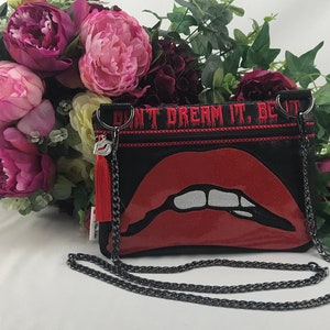 Functional crossbody bag decorated with the Rocky Horror Picture Show theme