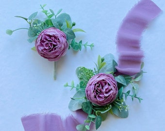 Purple groom boutonniere,  purple bouquet, purple Wedding bouquet, bridesmaids bouquets ,Real touch purple roses , purple flower corsage