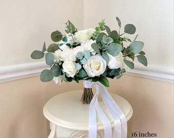 Ivory-White & greenery bouquet, Wedding bouquet,bridal bouquet,bridesmaids bouquet,Rose bouquet, wedding accessories, cake toppers, corsages