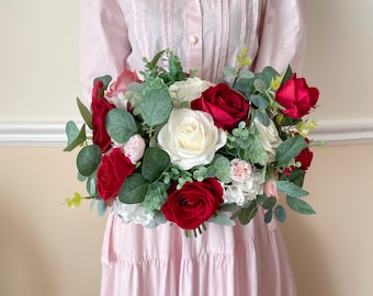 Wedding Bouquet, Red pink Rose bouquet , Red Rose bouquet, White Cream, Rose Eucalyptus Bouquet, Boho Bouquets, Bridal Bridesmaids Bouquet