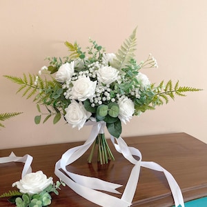 Real Touch White Roses & greenery bouquet, Wedding Bouquet,Fern Bride Bouquet,Bridesmaids Bouquet, Wedding Accessories Corsages Boutonnières