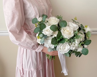 White  & Greenery Bouquet, Wedding Bouquet, Bridesmaids Bouquets ,Spring Wedding Bouquet, Peony Eucalyptus Ivory Bouquet, White Cake Topper