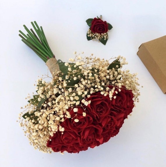 Rote Rosen Bouquet, Schleierkraut Bouquet, Gypsophila Hochzeitsstrauß, Braut Brautjungfern Blumensträuße, echte rote Rosen, roter Brautstrauß