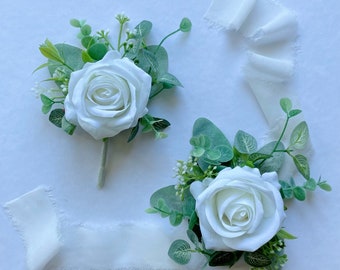 Silk Groom Boutonniere, Silk Bride Bouquet, Mom Corsage , Wedding accessories , artificial corsage, groom button flower , silk rose corsage