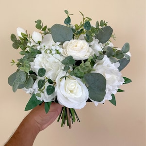 White- Ivory & greenery bouquet, Wedding bouquet, bridal bridesmaids bouquets,spring wedding bouquet,roses and Eucalyptus,Rustic bouquetBoho