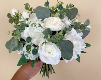 White- Ivory & greenery bouquet, Wedding bouquet, bridal bridesmaids bouquets,spring wedding bouquet,roses and Eucalyptus,Rustic bouquetBoho