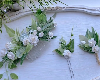 White Wedding accessories , white Wedding comb bridal bridesmaids crown ,spring wedding head band ,Groom Boutonniere ,hair pin accessor