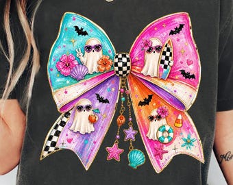 Summerween Ghost Bow PNG, Girly Beach Halloween, Coquette Rutig Penseldrag, Trendig Rosett, Sublimeringsdesign, PNG Digital Nedladdning
